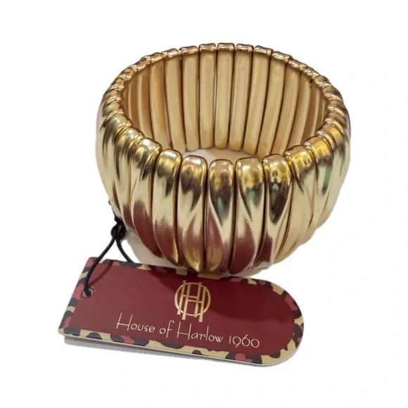 NWT ⚜️👑⚜️ House of Harlow 1960 Gorgeous Brushed Gold Toned Stretch Bracelet - Picture 2 of 5